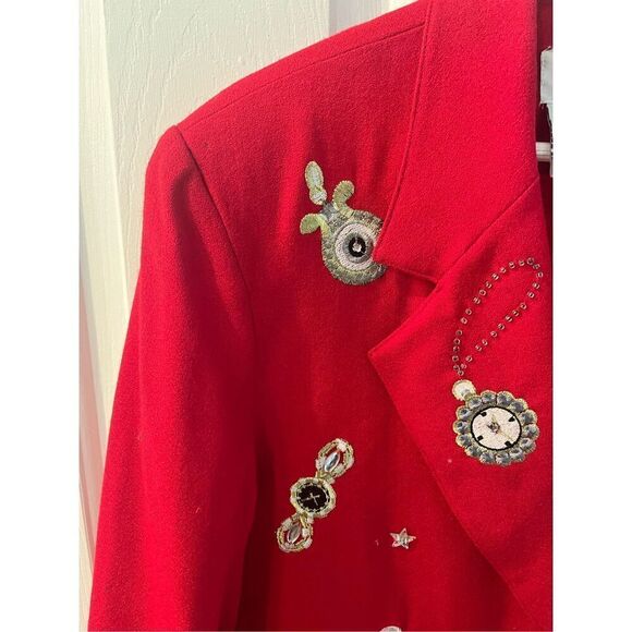 Vintage DaVinci Red Wool Clock Watch Embroidered Jacket Blazer sz L (flaw) - Picture 7 of 10